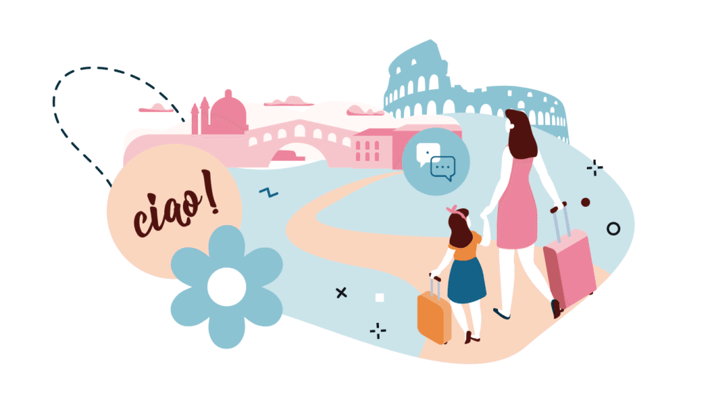 En flicka och en mamma med resväskor i Italien.